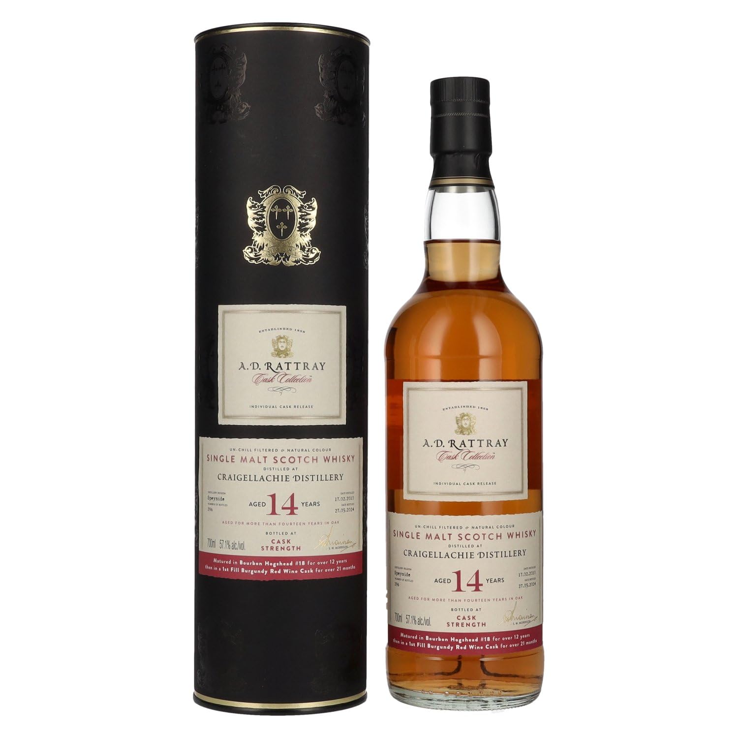A.D. Rattray 14 Years Old CRAIGELLACHIE Burgundy Wine Finish Whisky 2010 57,1% Vol. 0,7l en boîte cadeau