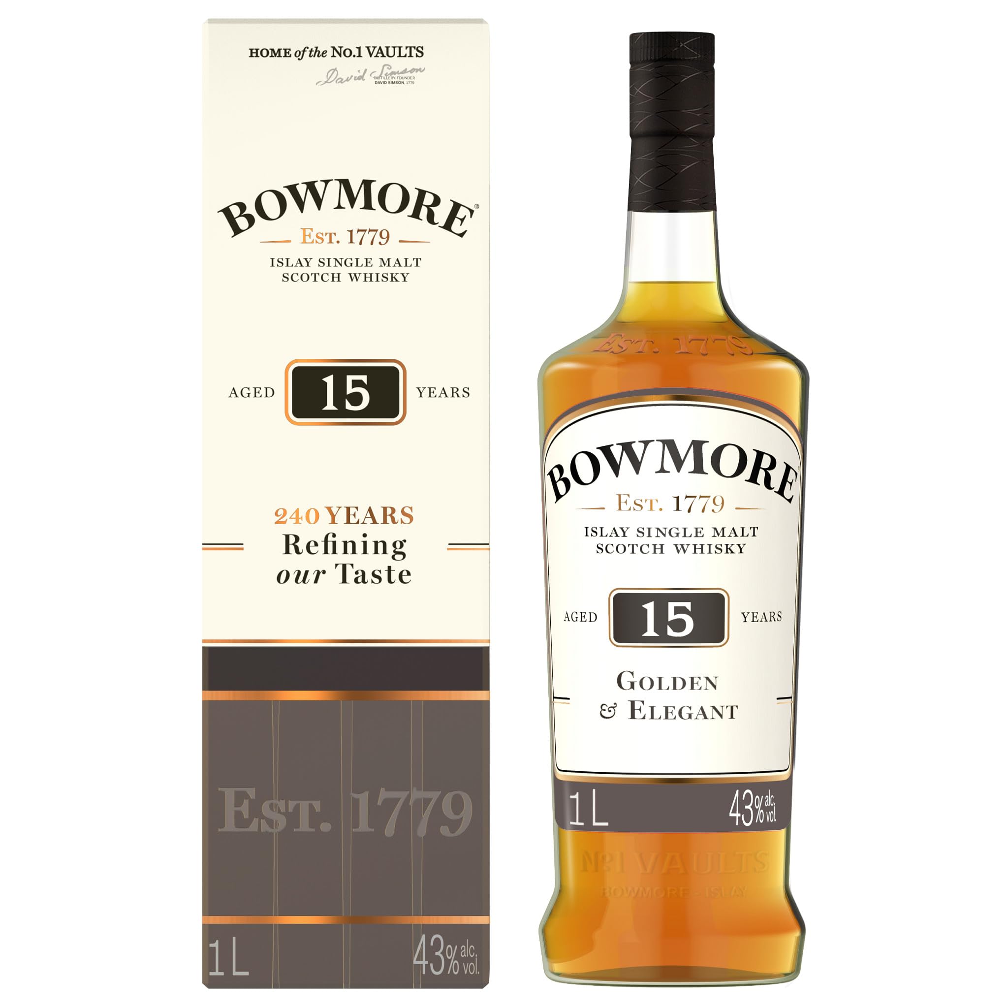 Bowmore 15 Years Old GOLDEN & ELEGANT Travel Exclusive 43% Vol. 1l en boîte cadeau