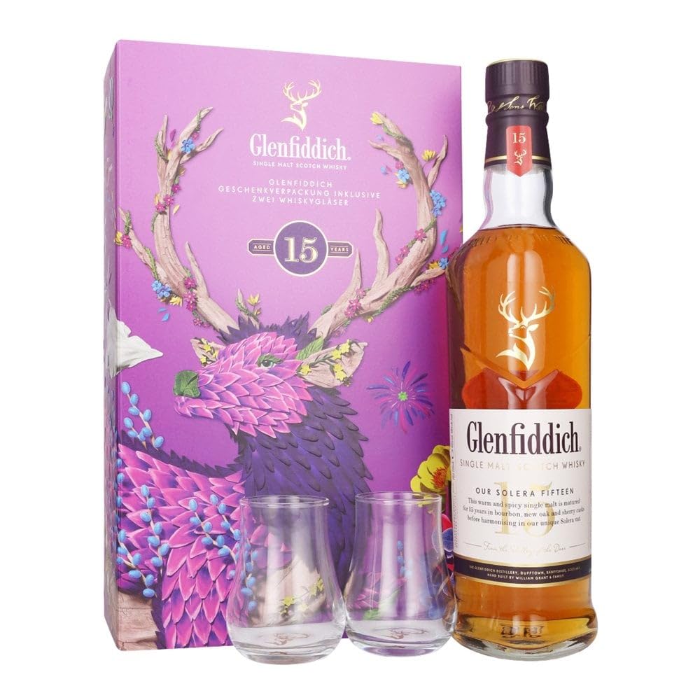 Glenfiddich 15 OUR SOLERA Single Malt Scotch Whisky 40% Vol. 0,7l en boîte cadeau avec 2 Verres