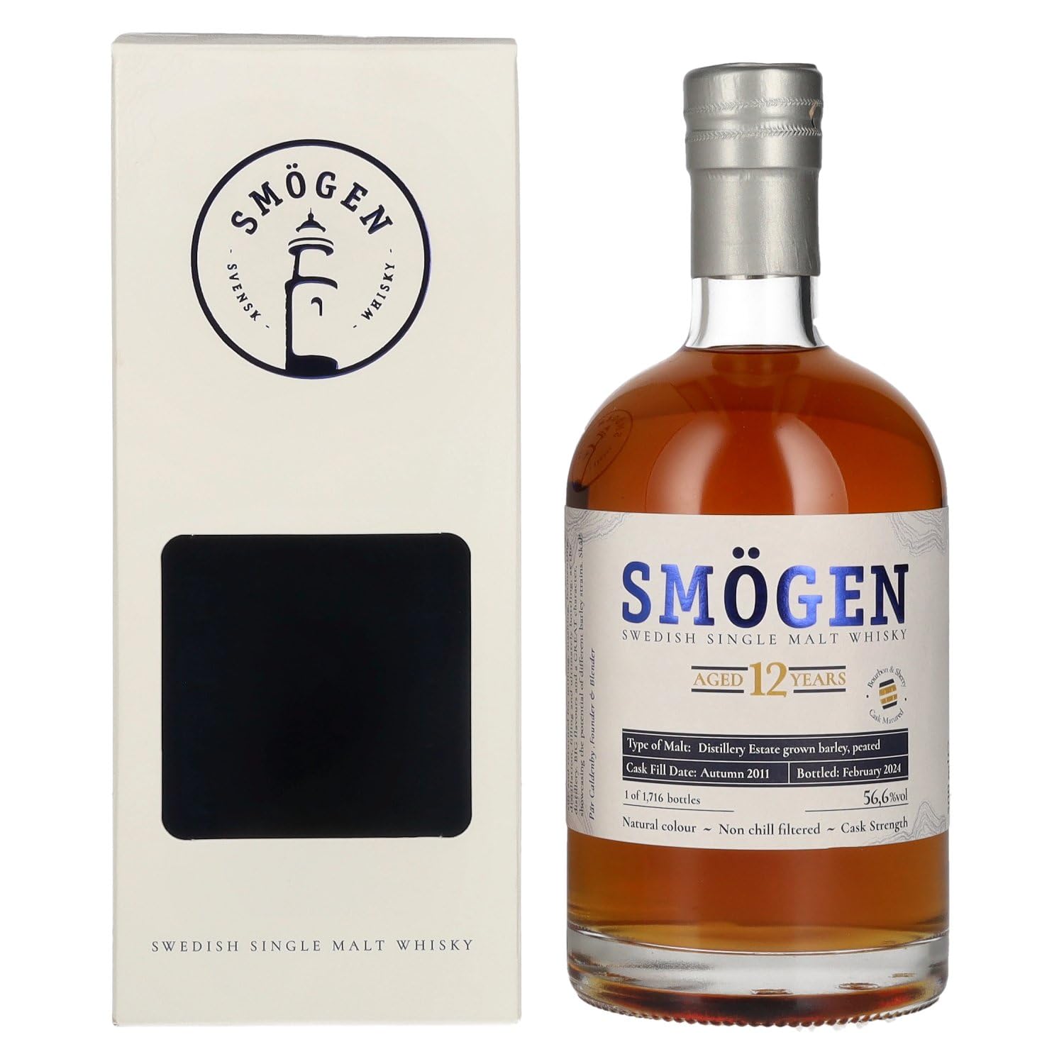 SMÖGEN 12 Years Old Distillery Estate Barley Swedish Single Malt Whisky 56,6% Vol. 0,5l en boîte cadeau