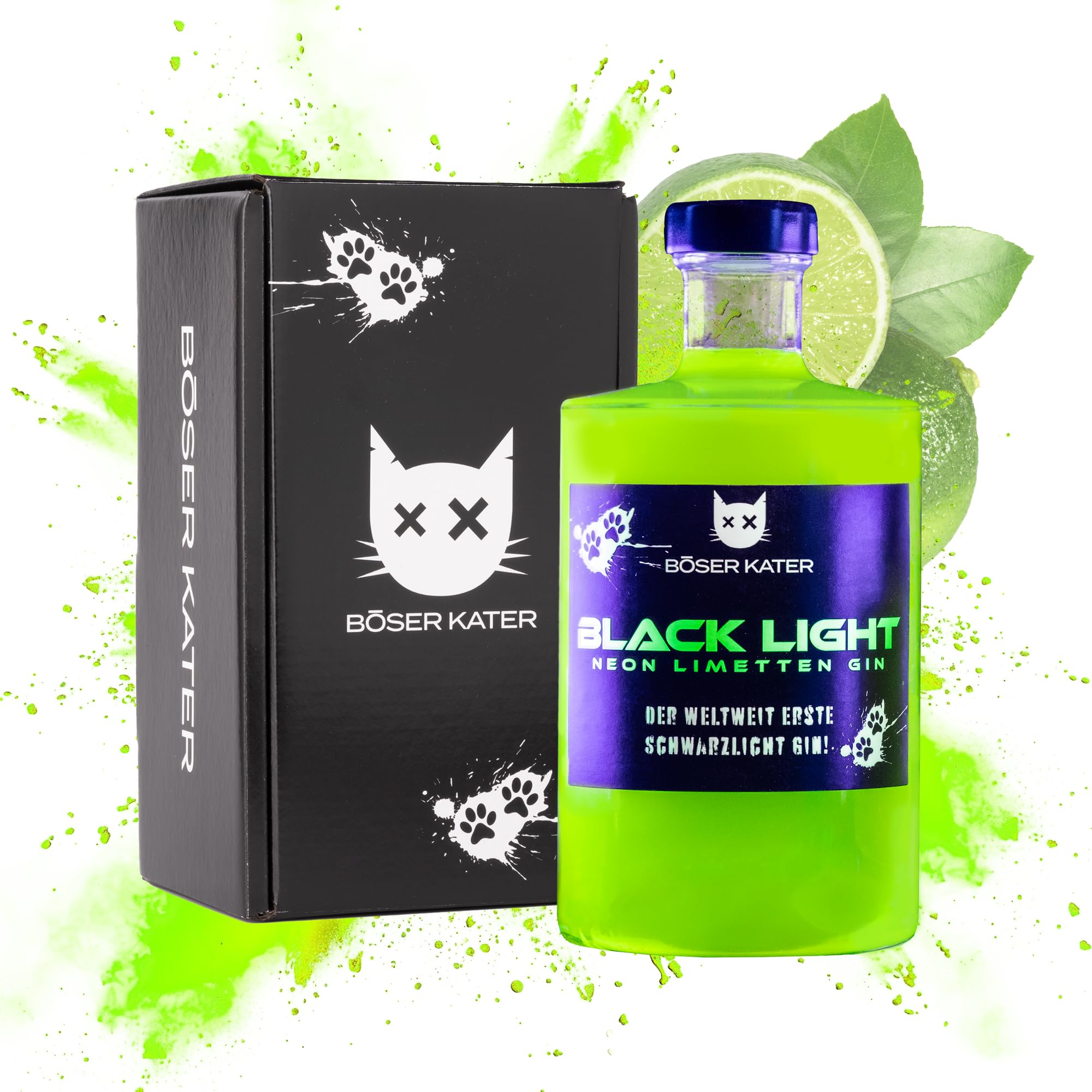 BÖSER KATER Black Light Neon Limetten Gin 40% Vol. 0,5l en boîte cadea — Piscosaveur