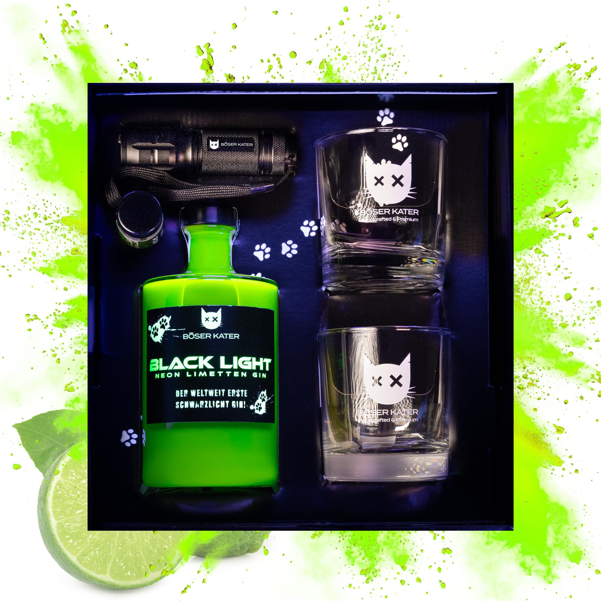 BÖSER KATER Black Light Neon Limetten Gin 40% Vol. 0,5l en boîte cadea — Piscosaveur