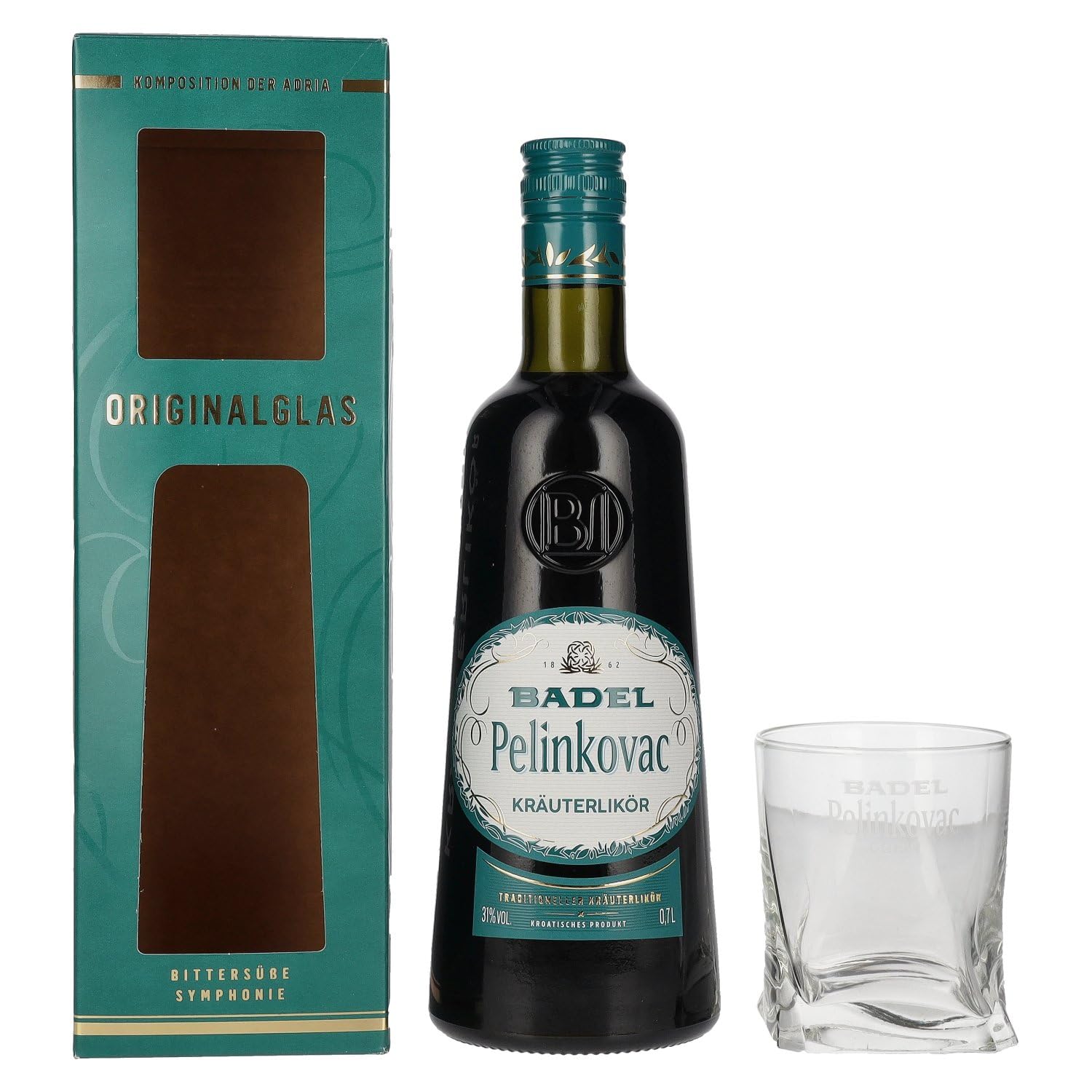 Badel Pelinkovac GORKI 31% Vol. 0,7l en boîte cadeau avec Verre — Spiritueux — Piscosaveur
