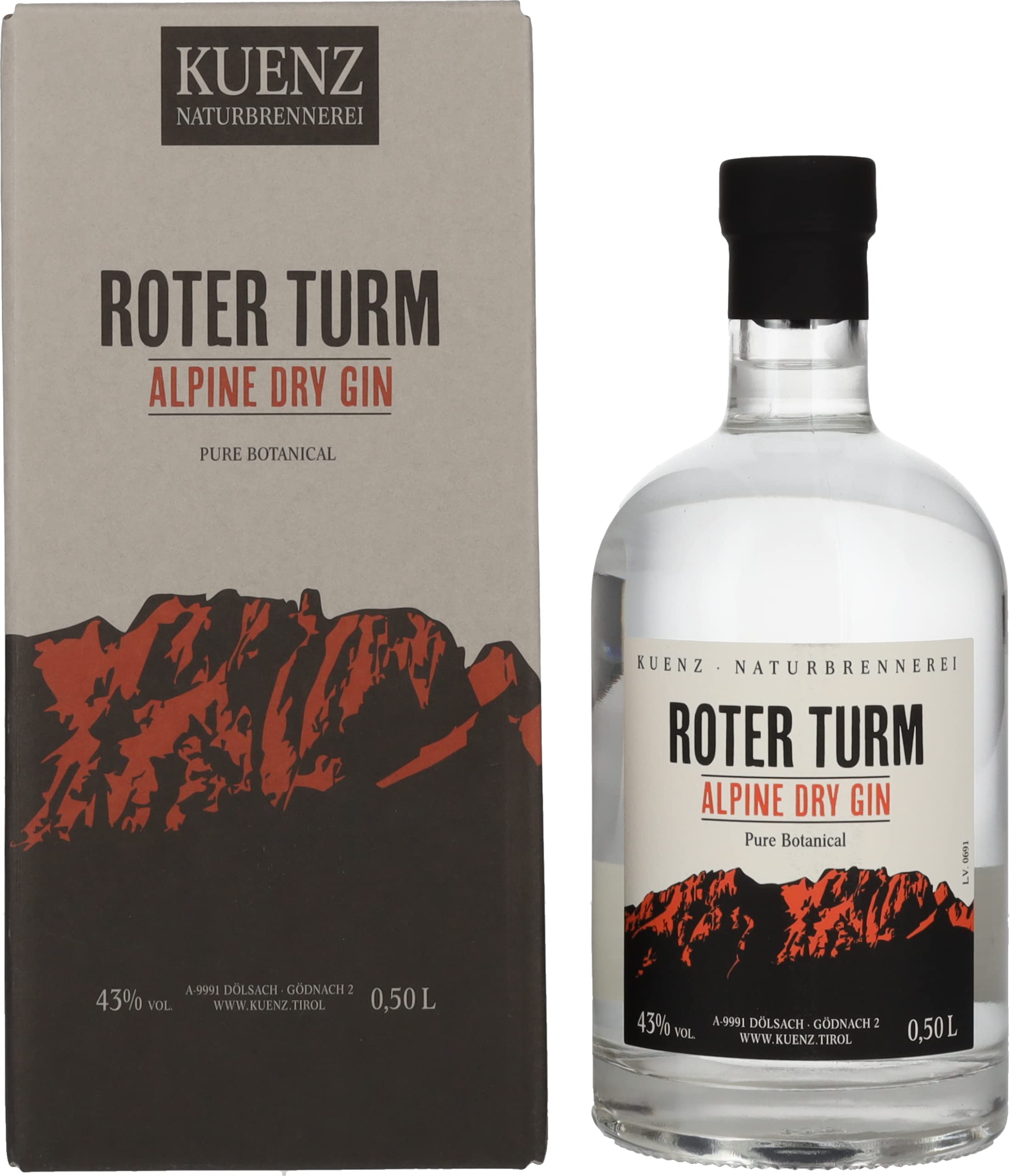 Roter Turm Alpine Dry Gin Pure Botanical 43% Vol. 0,5l en boîte cadeau — Piscosaveur