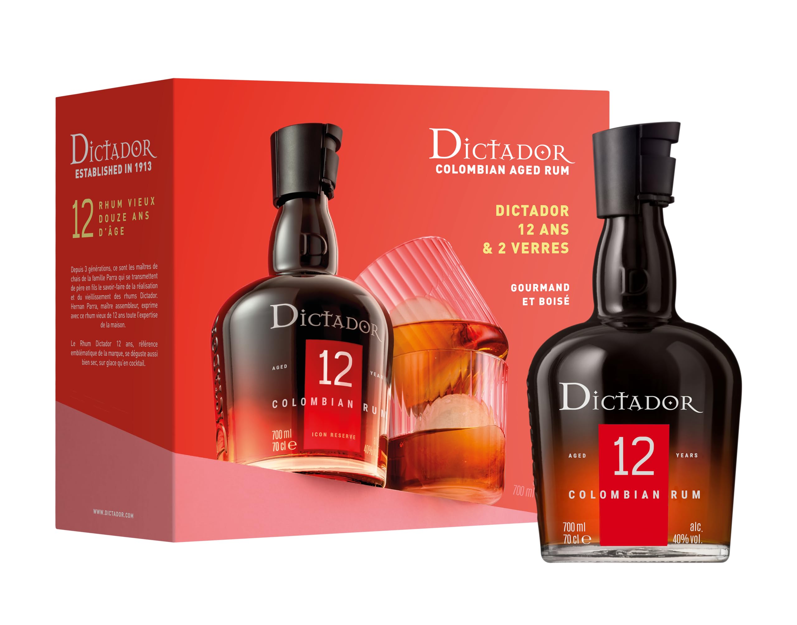 Dictador 12 Years Old ICON RESERVE Colombian Rum 40% Vol. 0,7l en boîte cadeau avec 2 Verres