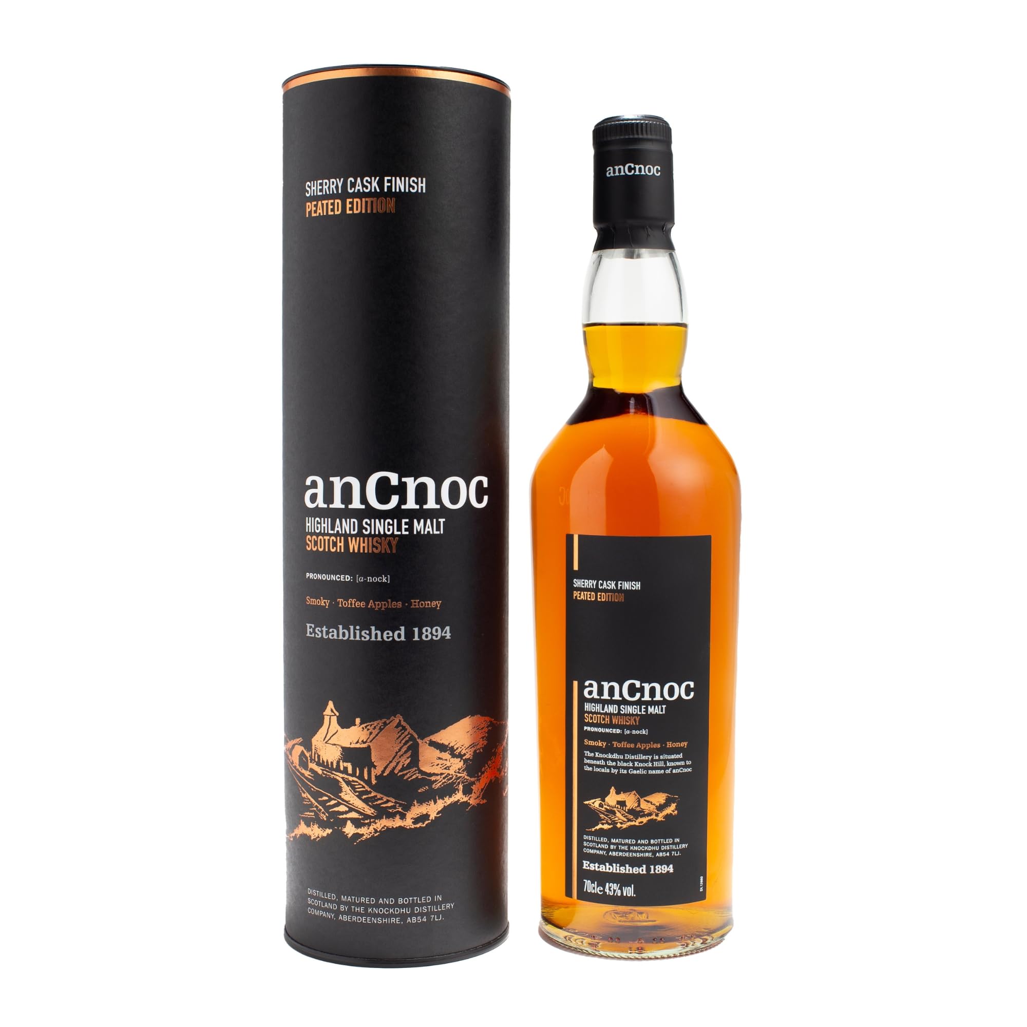 AnCnoc Highland Single Malt Scotch Whisky Sherry Cask Finish Peated Edition 43% Vol. 0,7l en boîte cadeau