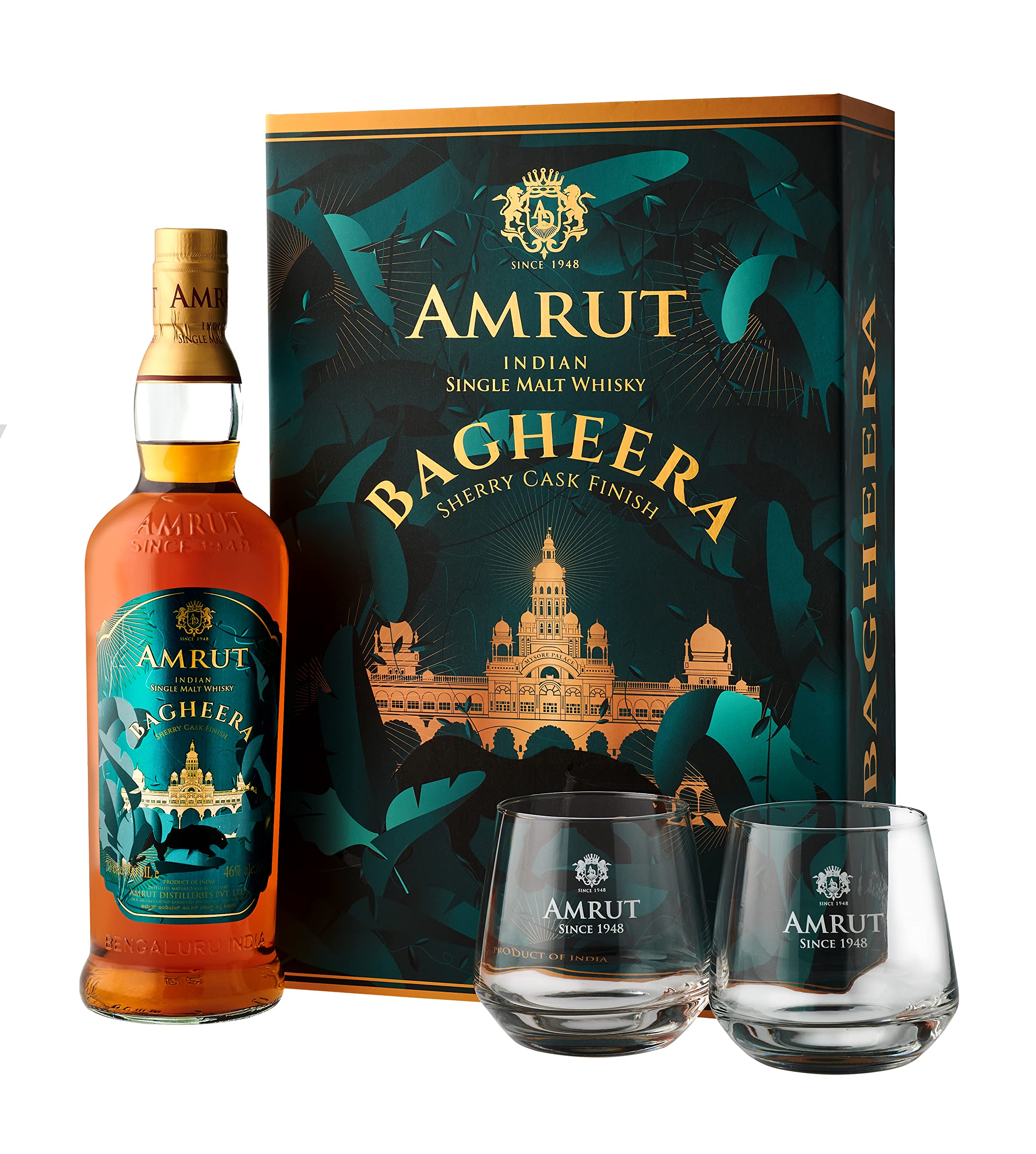 Amrut BAGHEERA Indian Single Malt Whisky Sherry Cask Finish 46% Vol. 0,7l en boîte cadeau avec 2 Ver — Whisky — Piscosaveur