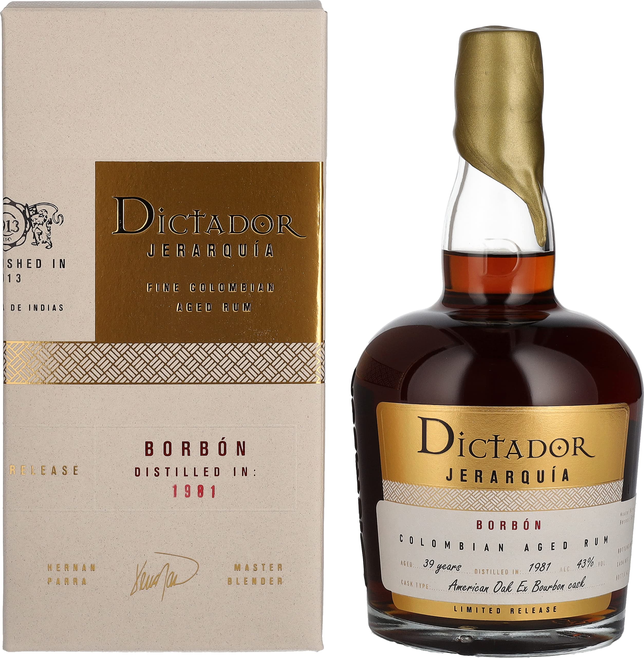 Dictador JERARQUÍA 39 Years Old BORBÓN Rum 1981 43% Vol. 0,7l en boîte — Piscosaveur