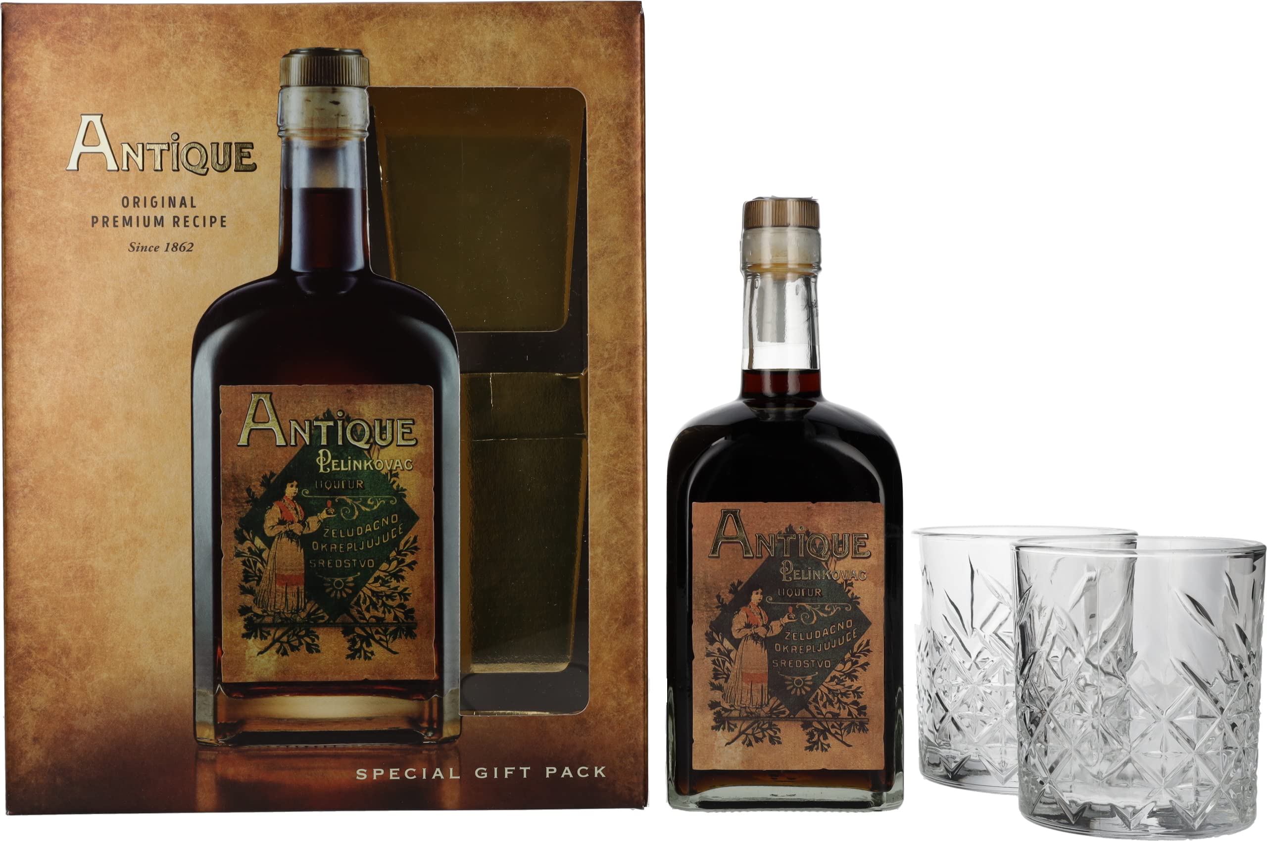 Badel Antique Pelinkovac Premium Herbal Liqueur 35% Vol. 0,7l en boîte cadeau avec 2 Verres — Spiritueux — Piscosaveur