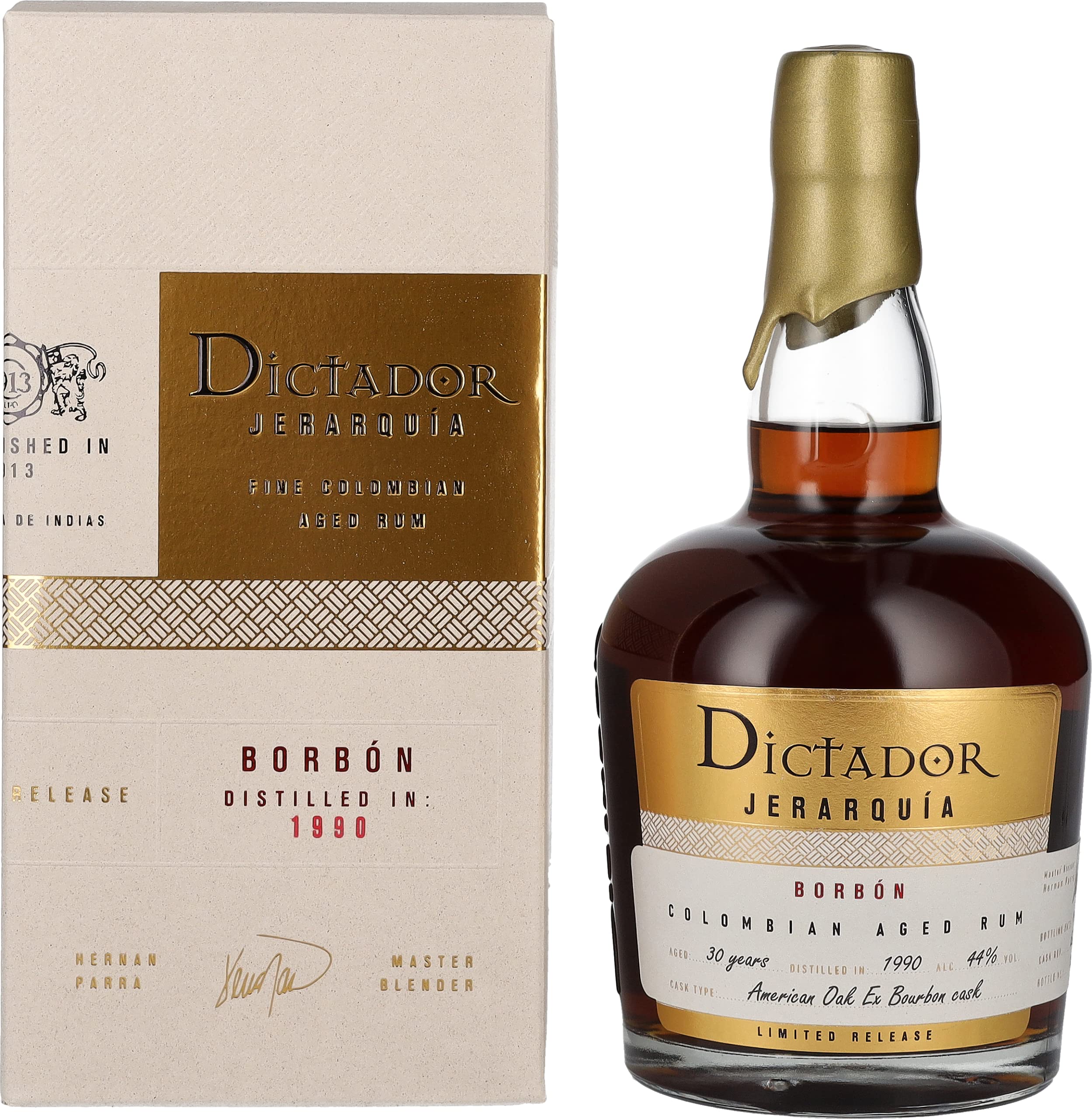 Dictador JERARQUÍA 30 Years Old BORBÓN Rum 1990 44% Vol. 0,7l en boîte — Piscosaveur